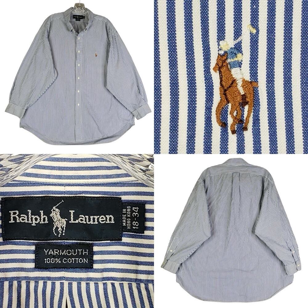 Polo Ralph Lauren Oxford Shirt Mens Size XXL LS Button Down Yarmouth Blue Stripe - Picture 1 of 9